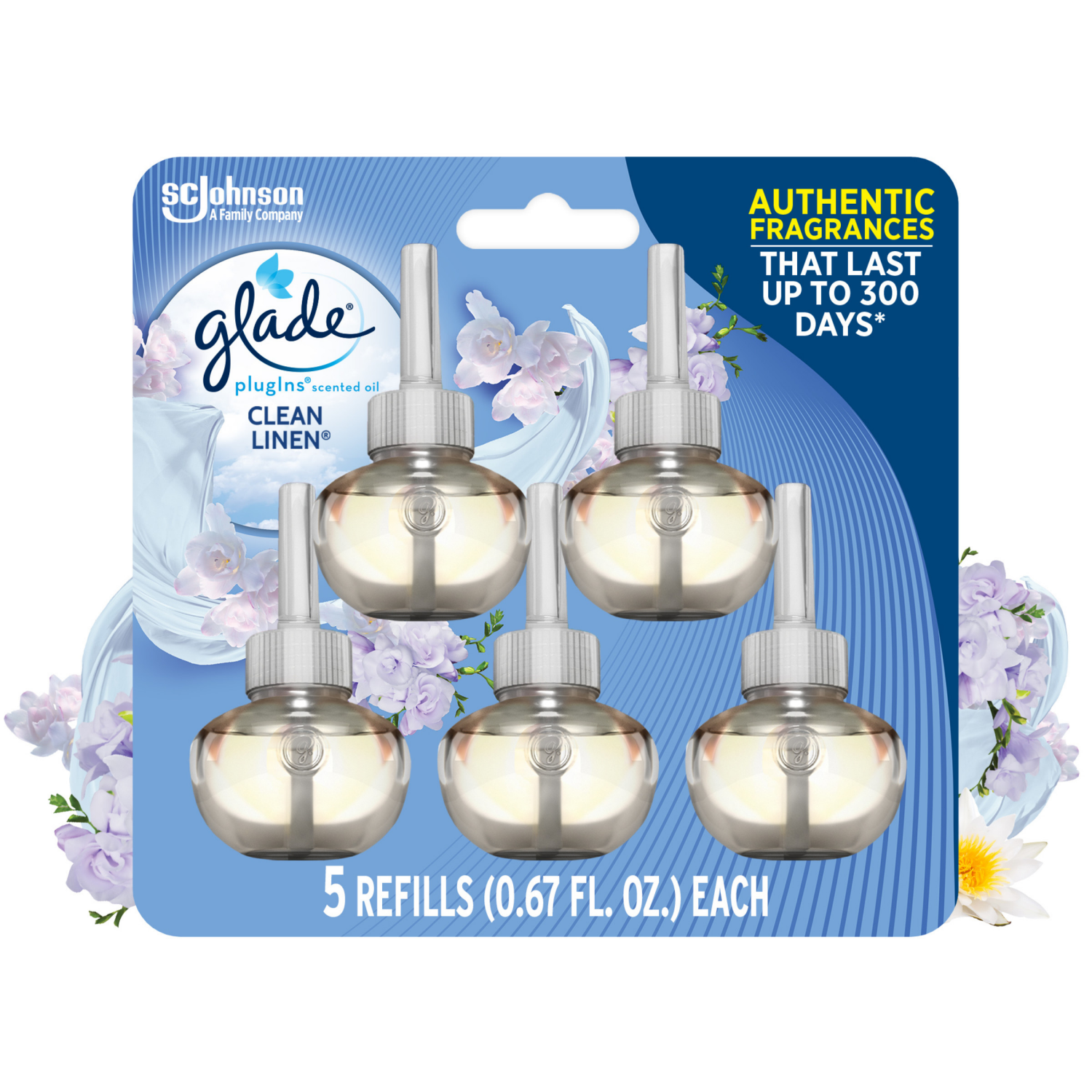 slide 1 of 8, Glade PlugIns Scented Oil 5 Refills, Air Freshener, Clean Linen™, Essential Oil Infused Wall Plug In, 1.34 FL OZ, Pack of 5, 5 ct