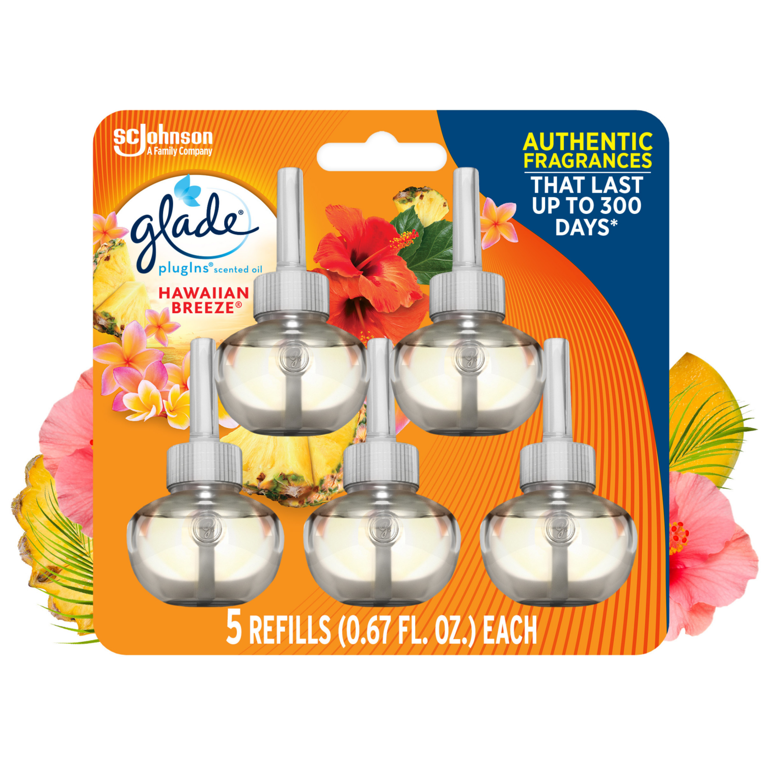 slide 1 of 8, Glade PlugIns Scented Oil Refill, Hawaiian Breeze, Essential Oil Infused Wall Plug In, 3.35 fl oz, 5 ct, 5 ct