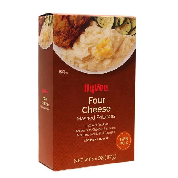 slide 1 of 1, Hy-vee Four Cheese 100% Russet Mashed Potatoes Blended With Cheddar, Parmesan, Romano And Blue Cheese, 6.6 oz