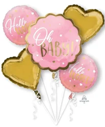 Helium Balloon Bouquet, Pink Baby Girl, 5 Count