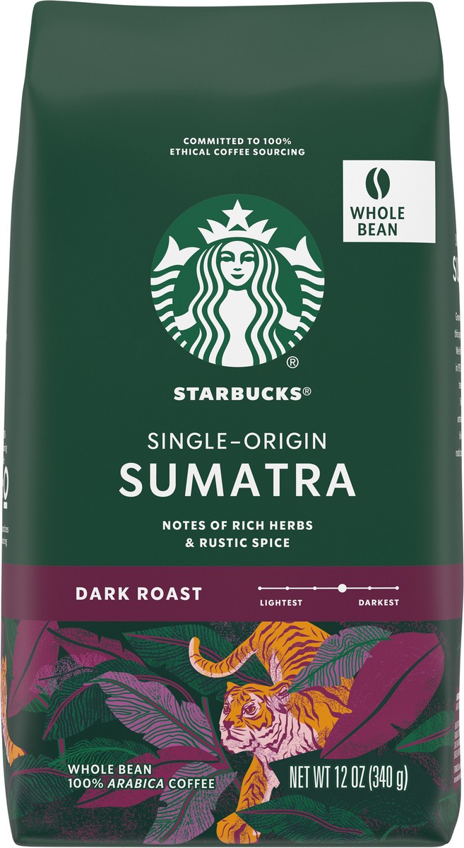 slide 1 of 9, Starbucks Dark Roast Whole Bean Sumatra Coffee 12 oz, 12 oz