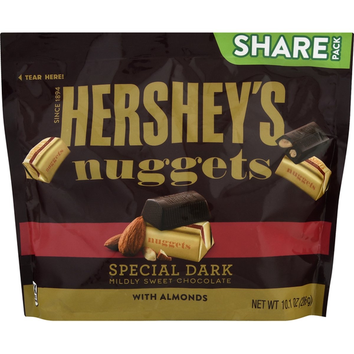 slide 1 of 1, Hershey Nuggets, With Almonds, Special Dark, Mildly Sweet Chocolate, Share Pack, 10.1 oz