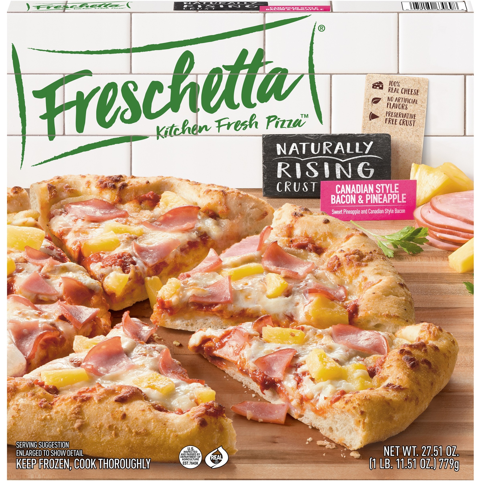 slide 1 of 9, Freschetta Canadian Style Bacon & Pineapple Pizza, 27.51 oz