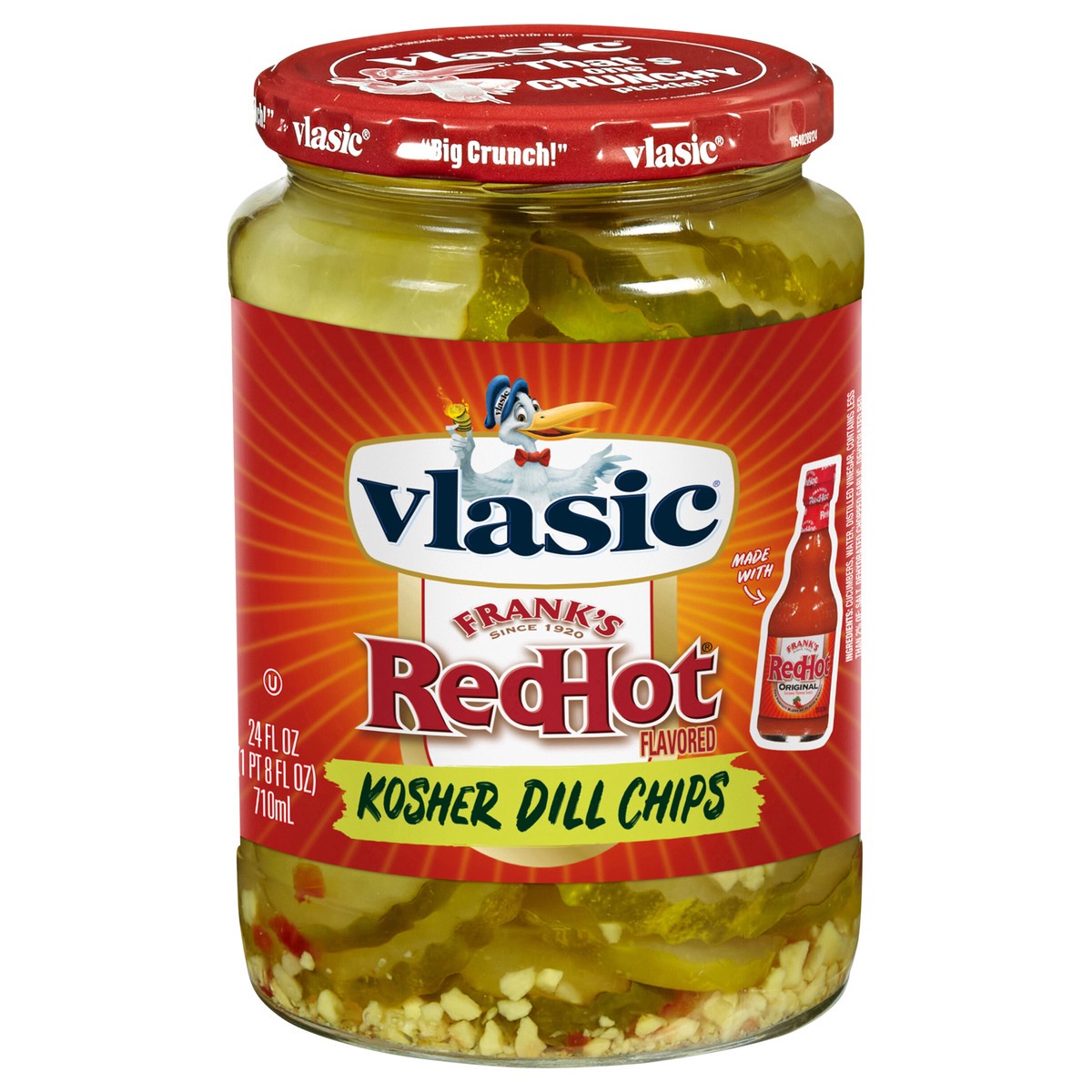 slide 1 of 5, Vlasic Frank's RedHot Original Cayenne Pepper Sauce Flavored Kosher Dill Pickle Chips, 24 oz., 24 fl oz