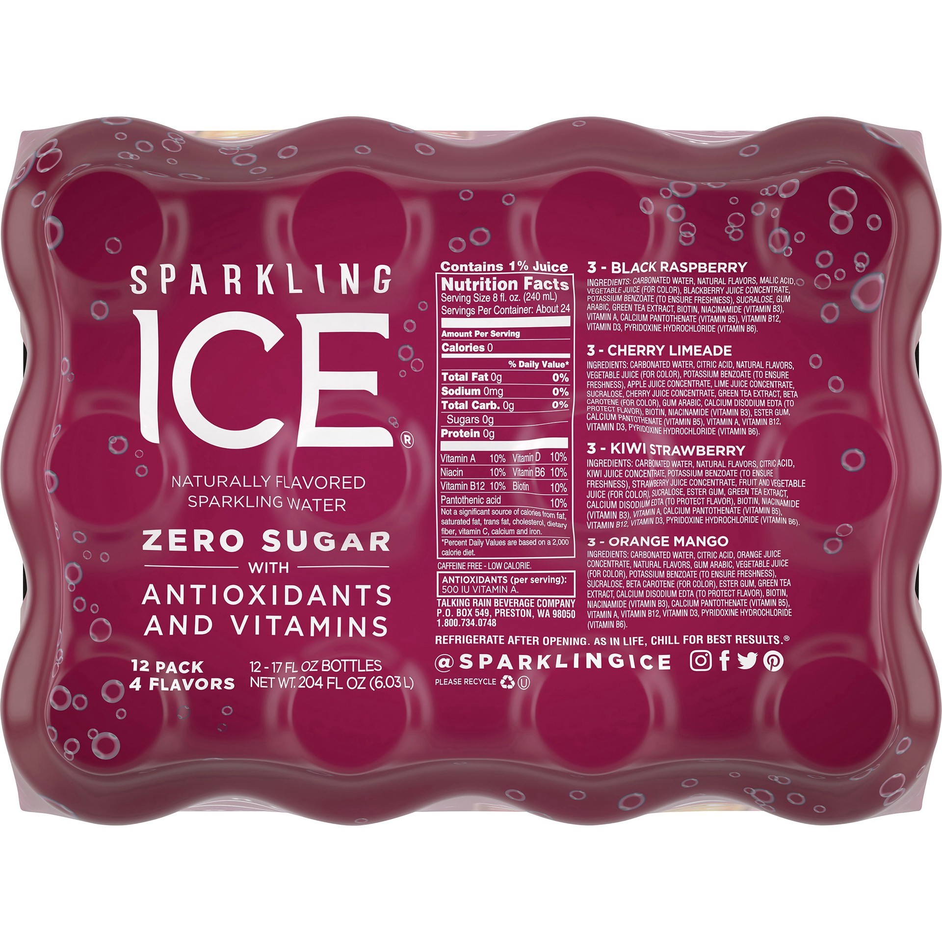 slide 5 of 13, Sparkling Ice Variety Pack-Black Raspberry/Orange Mango/Kiwi Strawberry/Cherry Limeade - 12pk/17 fl oz Bottles, 12 ct; 17 fl oz
