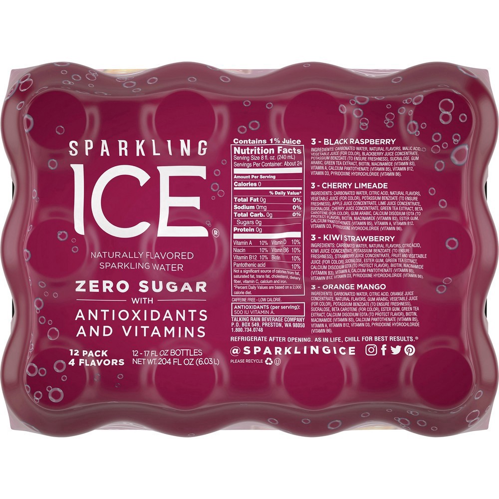 slide 13 of 13, Sparkling Ice Variety Pack-Black Raspberry/Orange Mango/Kiwi Strawberry/Cherry Limeade - 12pk/17 fl oz Bottles, 12 ct; 17 fl oz