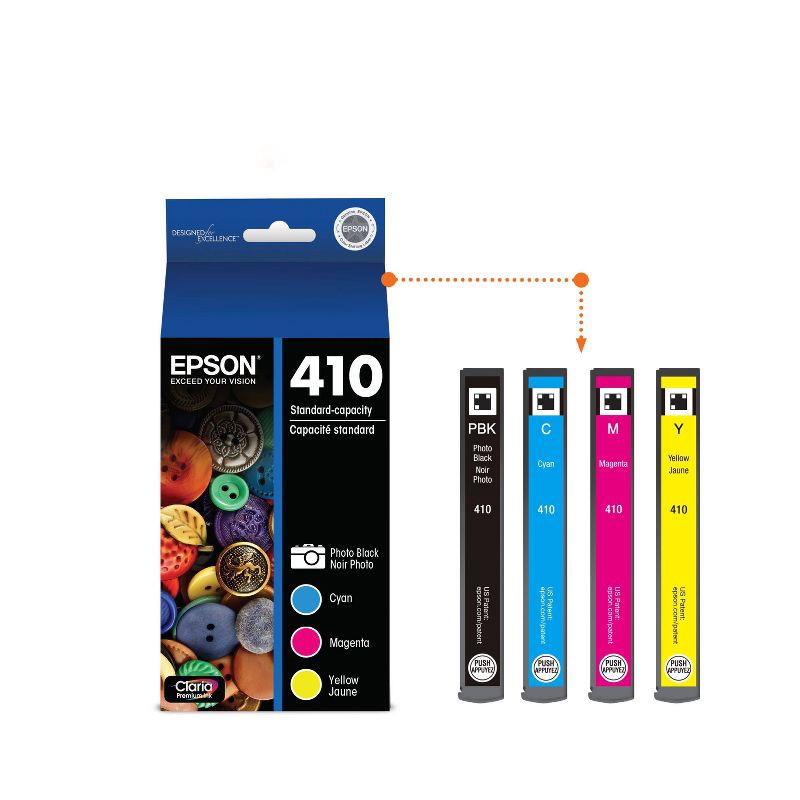 slide 3 of 8, Epson 410 4pk Combo Ink Cartridges - Black/Cyan/Magenta/ Yellow (T410520-CP), 4 ct