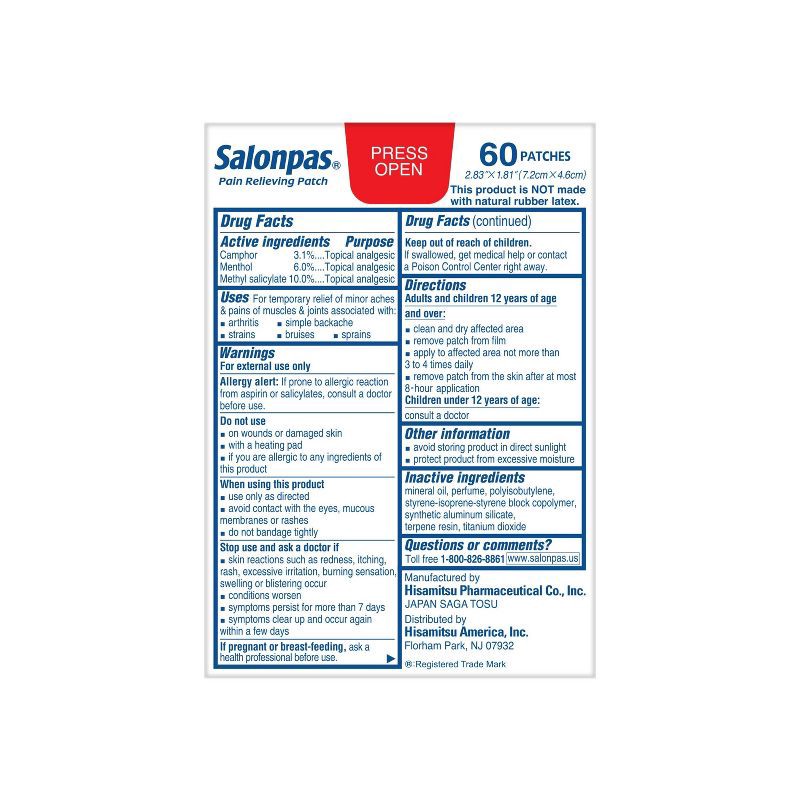 slide 2 of 6, Salonpas Pain Relieving Patch - 8 Hour Pain Relief - 60ct, 60 ct