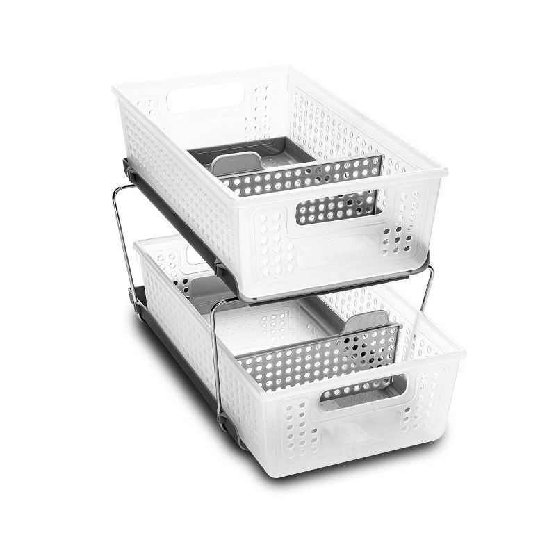 slide 1 of 4, Two-Tier Organizer with Dividers Frost/Gray - Madesmart: Steel & Plastic, Hand Wash, Lockable, 1 ct