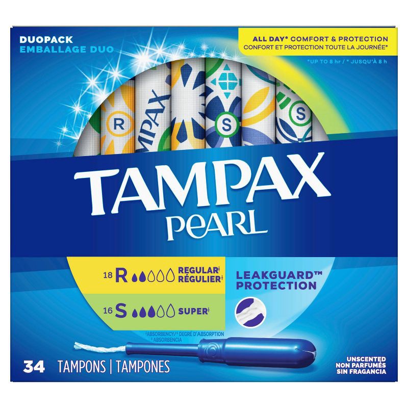 slide 9 of 9, Tampax Pearl Tampons Regular/Super Absorbency with LeakGuard Braid -Duo Pack - Unscented - 34ct, 34 ct