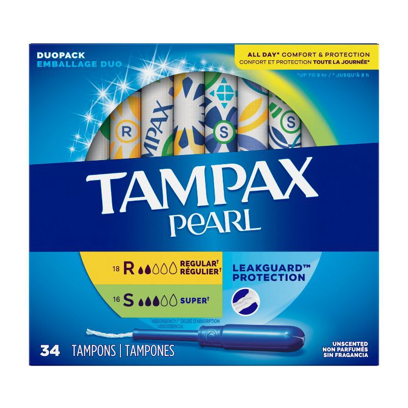 slide 10 of 10, Tampax Pearl Tampons Regular/Super Absorbency with LeakGuard Braid -Duo Pack - Unscented - 34ct, 34 ct