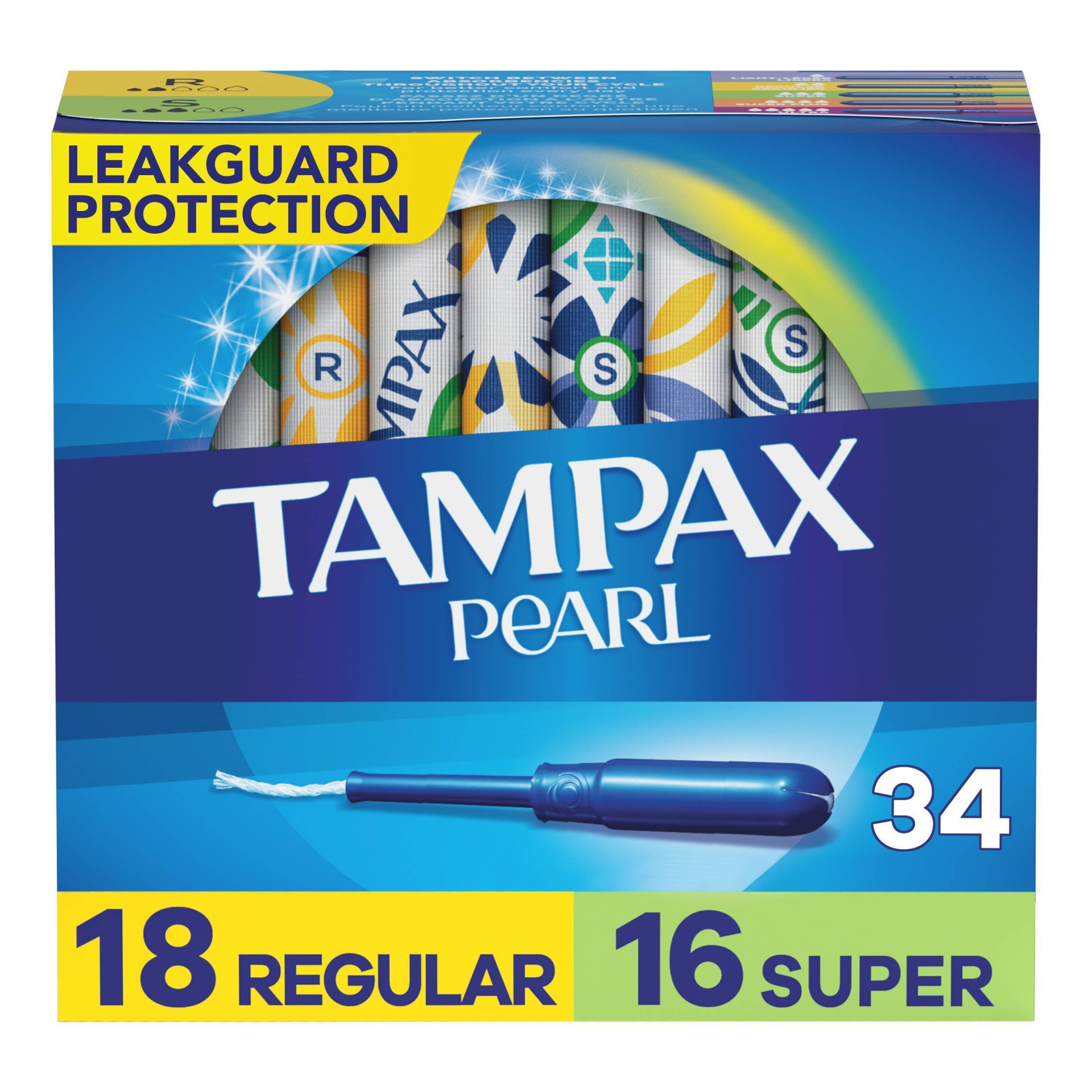 slide 1 of 9, Tampax Pearl Tampons Regular/Super Absorbency with LeakGuard Braid -Duo Pack - Unscented - 34ct, 34 ct
