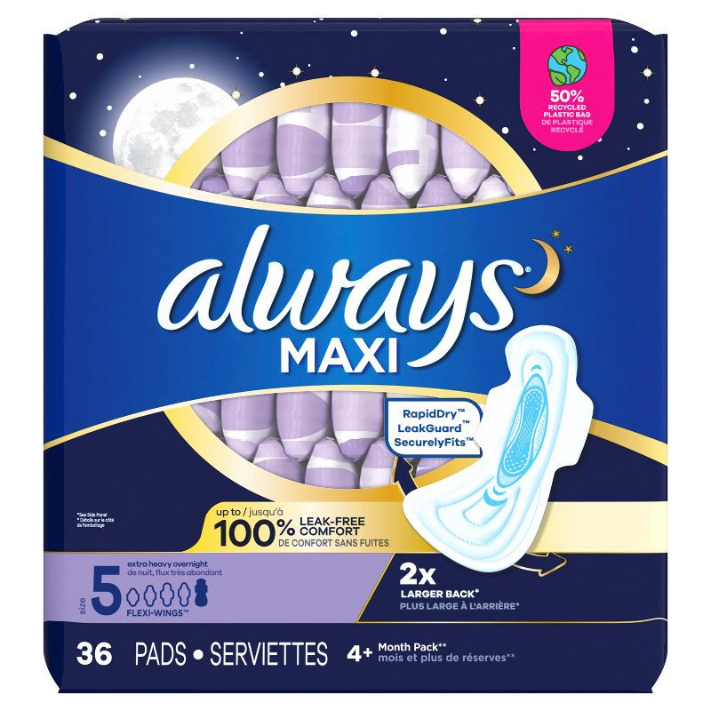 slide 2 of 9, Always Maxi Extra Heavy Overnight Pads with Wings - Size 5 - Unscented - 36ct, 36 ct