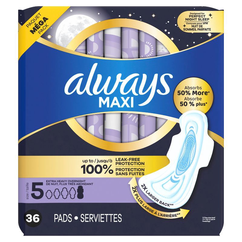 slide 3 of 11, Always Maxi Extra Heavy Overnight Pads with Wings - Size 5 - Unscented - 36ct, 36 ct