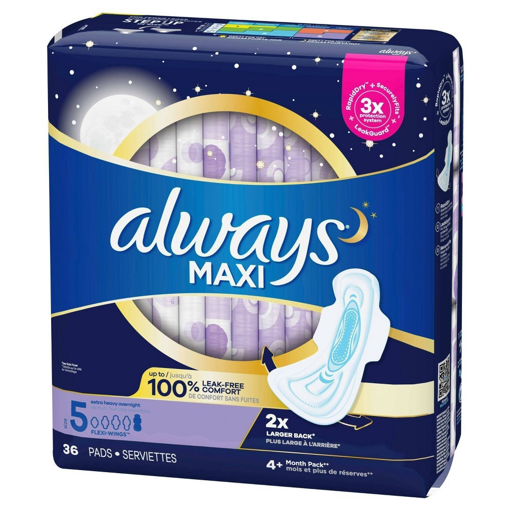 slide 2 of 8, Always Maxi Extra Heavy Overnight Pads with Wings - Size 5 - Unscented - 36ct, 36 ct