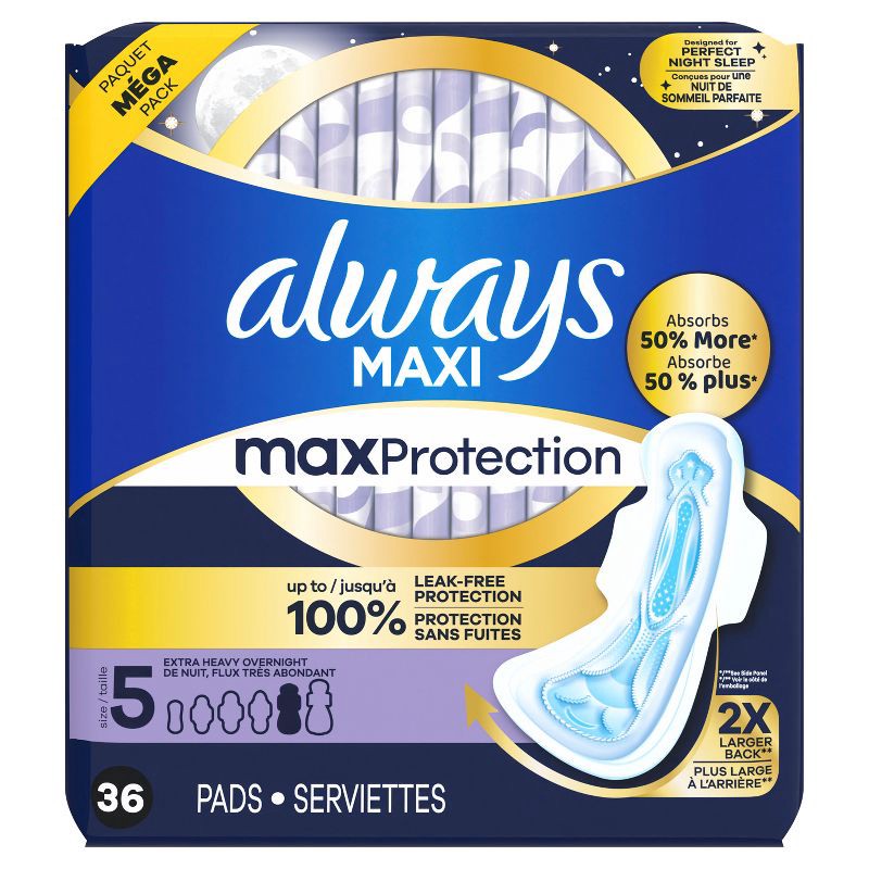 slide 12 of 13, Always Maxi Extra Heavy Overnight Pads with Wings - Size 5 - Unscented - 36ct, 36 ct
