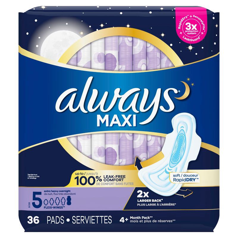 slide 9 of 9, Always Maxi Extra Heavy Overnight Pads with Wings - Size 5 - Unscented - 36ct, 36 ct
