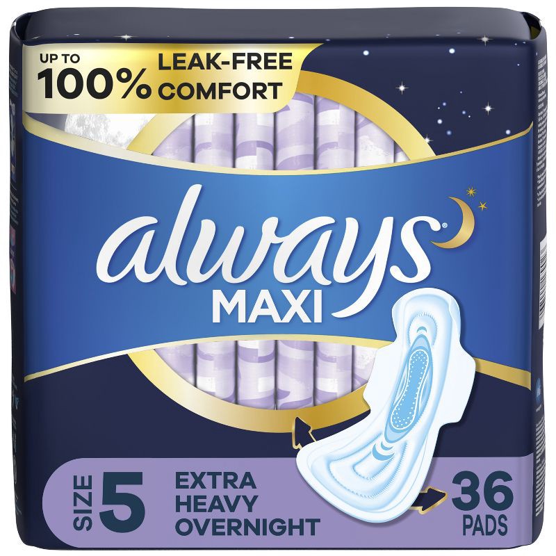 slide 1 of 9, Always Maxi Extra Heavy Overnight Pads with Wings - Size 5 - Unscented - 36ct, 36 ct