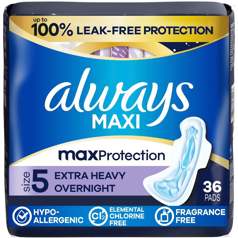 slide 1 of 14, Always Maxi Extra Heavy Overnight Pads with Wings - Size 5 - Unscented - 36ct, 36 ct