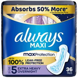 Always Maxi Extra Heavy Overnight Pads with Wings - Size 5 - Unscented - 36ct