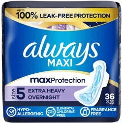 Always Maxi Extra Heavy Overnight Pads with Wings - Size 5 - Unscented - 36ct