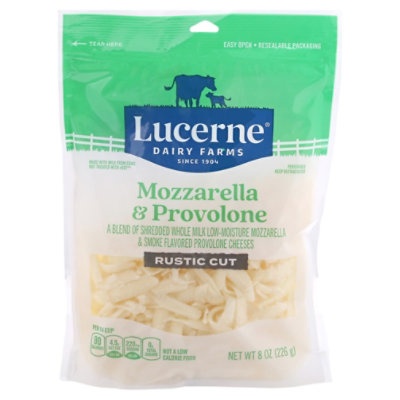 slide 1 of 1, Lucerne Dairy Farms Dairy Farms A Blend Of Shredded Whole Milk Low-moisture Mozzarella And Provolone Rustic Cut With Smoke Flavor Cheeses, 