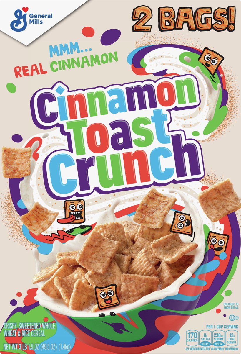 slide 2 of 13, Cinnamon Toast Crunch Breakfast Cereal, Crispy Cinnamon Cereal, 49.5 oz Cereal Box (2 Bags Inside), 2 ct