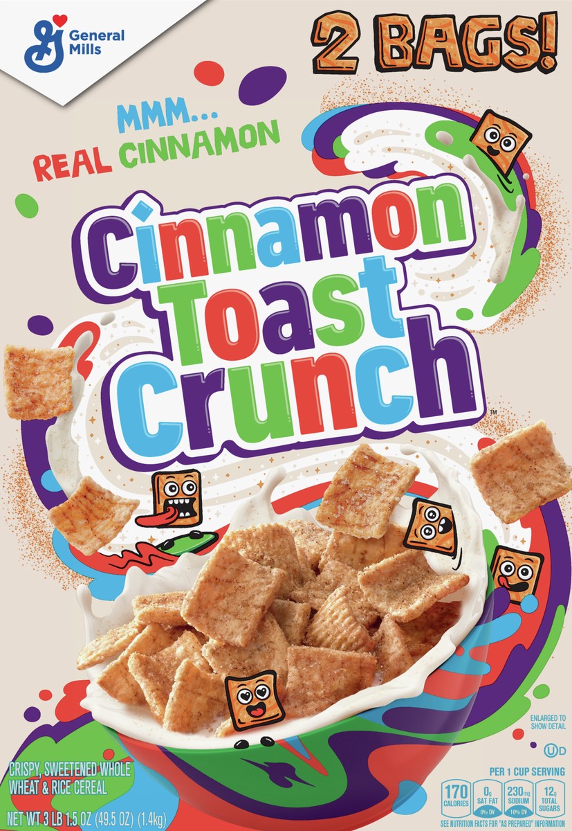 slide 7 of 13, Cinnamon Toast Crunch Breakfast Cereal, Crispy Cinnamon Cereal, 49.5 oz Cereal Box (2 Bags Inside), 2 ct