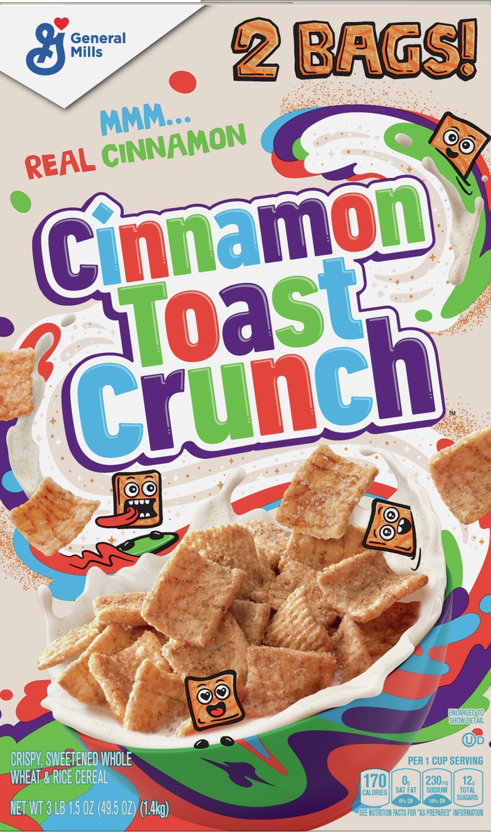 slide 8 of 13, Cinnamon Toast Crunch Breakfast Cereal, Crispy Cinnamon Cereal, 49.5 oz Cereal Box (2 Bags Inside), 2 ct