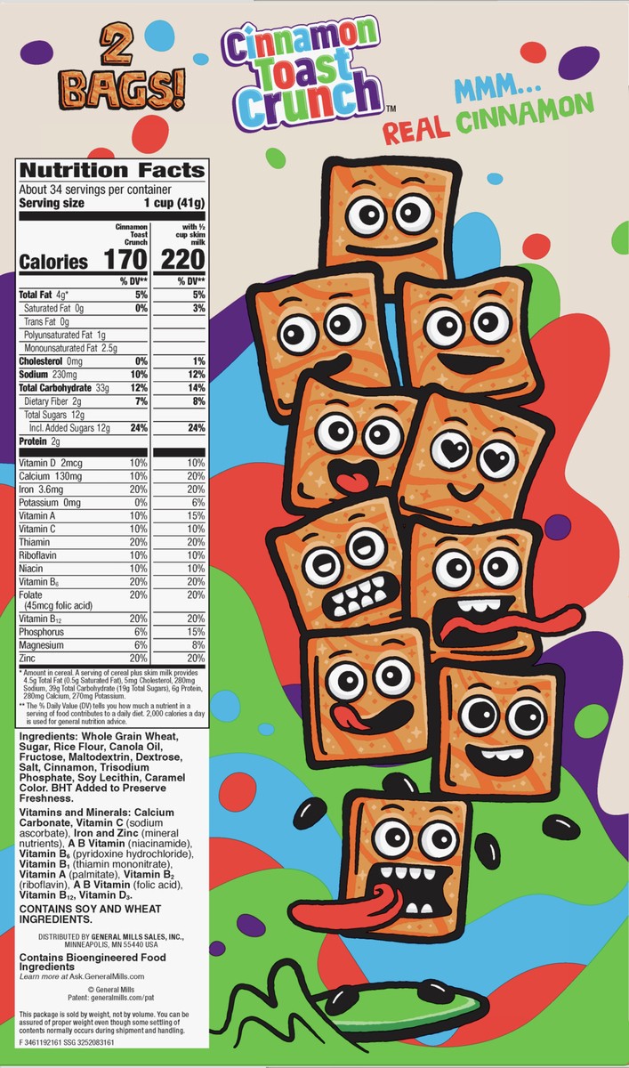 slide 9 of 13, Cinnamon Toast Crunch Breakfast Cereal, Crispy Cinnamon Cereal, 49.5 oz Cereal Box (2 Bags Inside), 2 ct