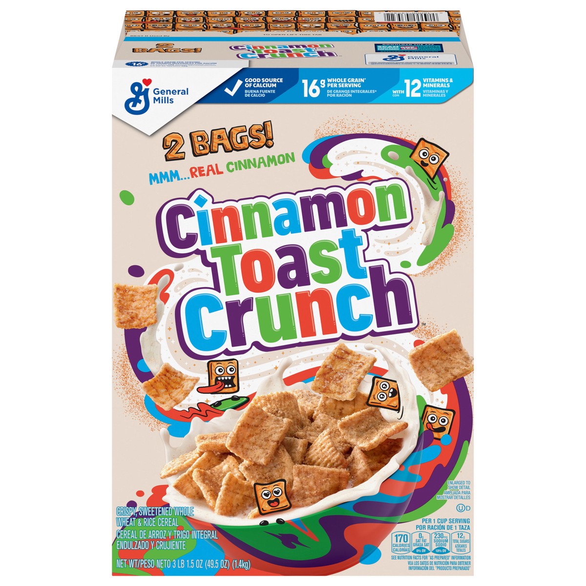 slide 1 of 13, Cinnamon Toast Crunch Breakfast Cereal, Crispy Cinnamon Cereal, 49.5 oz Cereal Box (2 Bags Inside), 2 ct