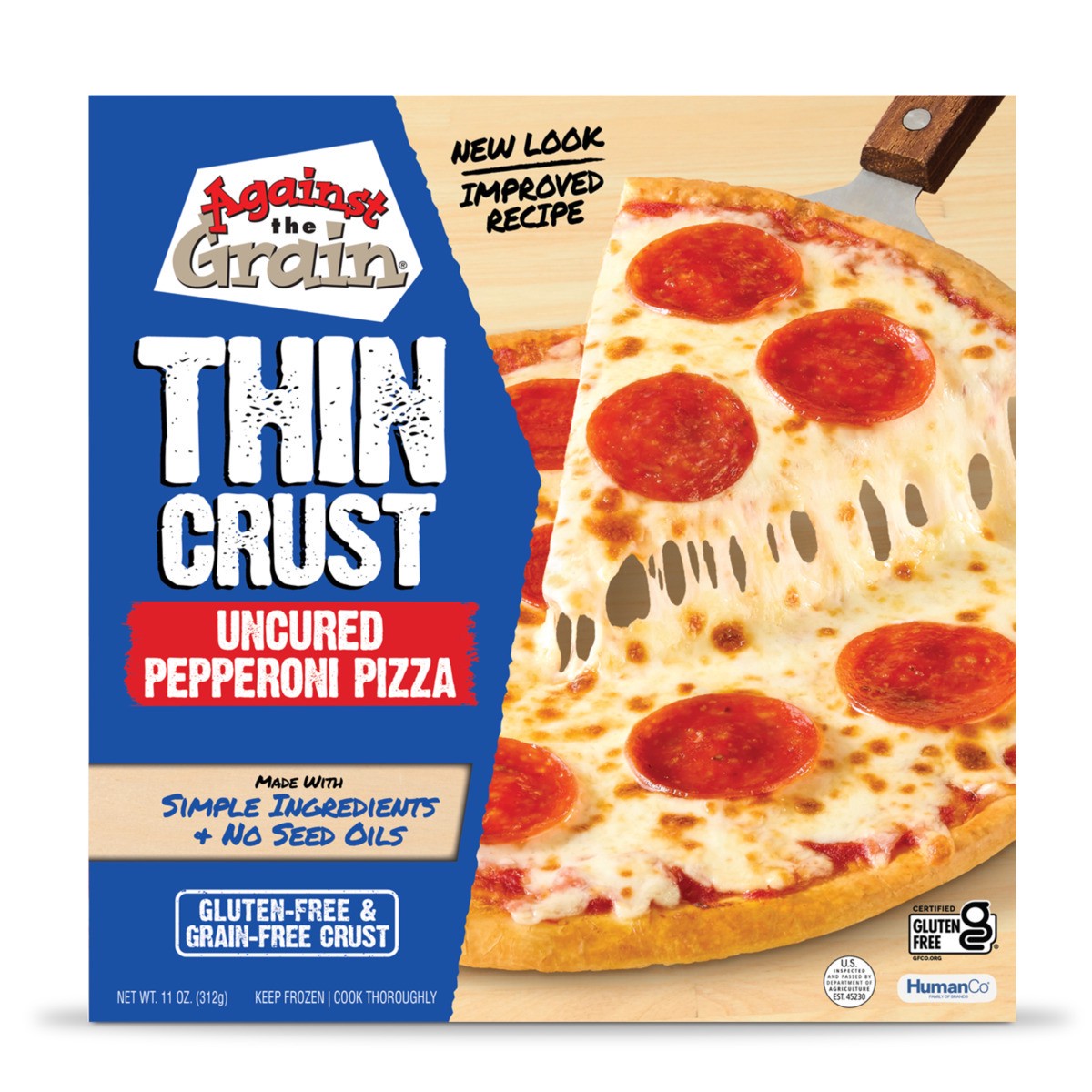 slide 5 of 9, Against the Grain Pizza, Thin Crust, Uncured Pepperoni, 11 oz