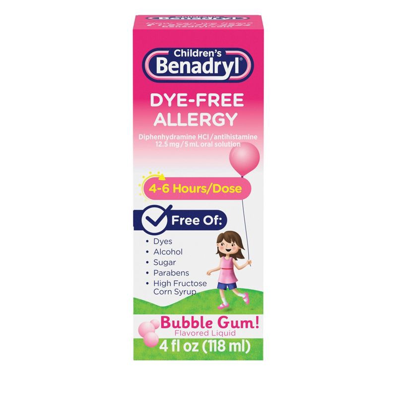 slide 1 of 8, Children's Benadryl Dye-Free Diphenhydramine Allergy Liquid - Bubble Gum - 4 fl oz, 4 fl oz