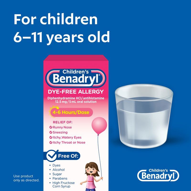 slide 4 of 10, Children's Benadryl Dye-Free Diphenhydramine Allergy Liquid - Bubble Gum - 4 fl oz, 4 fl oz