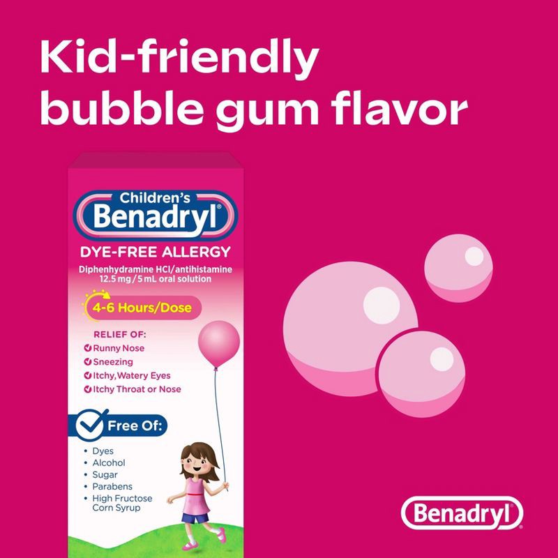 slide 5 of 8, Children's Benadryl Dye-Free Diphenhydramine Allergy Liquid - Bubble Gum - 4 fl oz, 4 fl oz