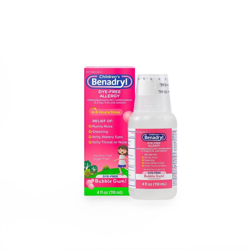 slide 10 of 10, Children's Benadryl Dye-Free Diphenhydramine Allergy Liquid - Bubble Gum - 4 fl oz, 4 fl oz