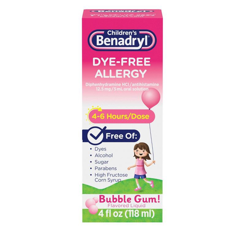 slide 1 of 8, Children's Benadryl Dye-Free Diphenhydramine Allergy Liquid - Bubble Gum - 4 fl oz: Contains Antihistamine, 12.5 Strength, 1 Pack, 4 fl oz, 1 ct