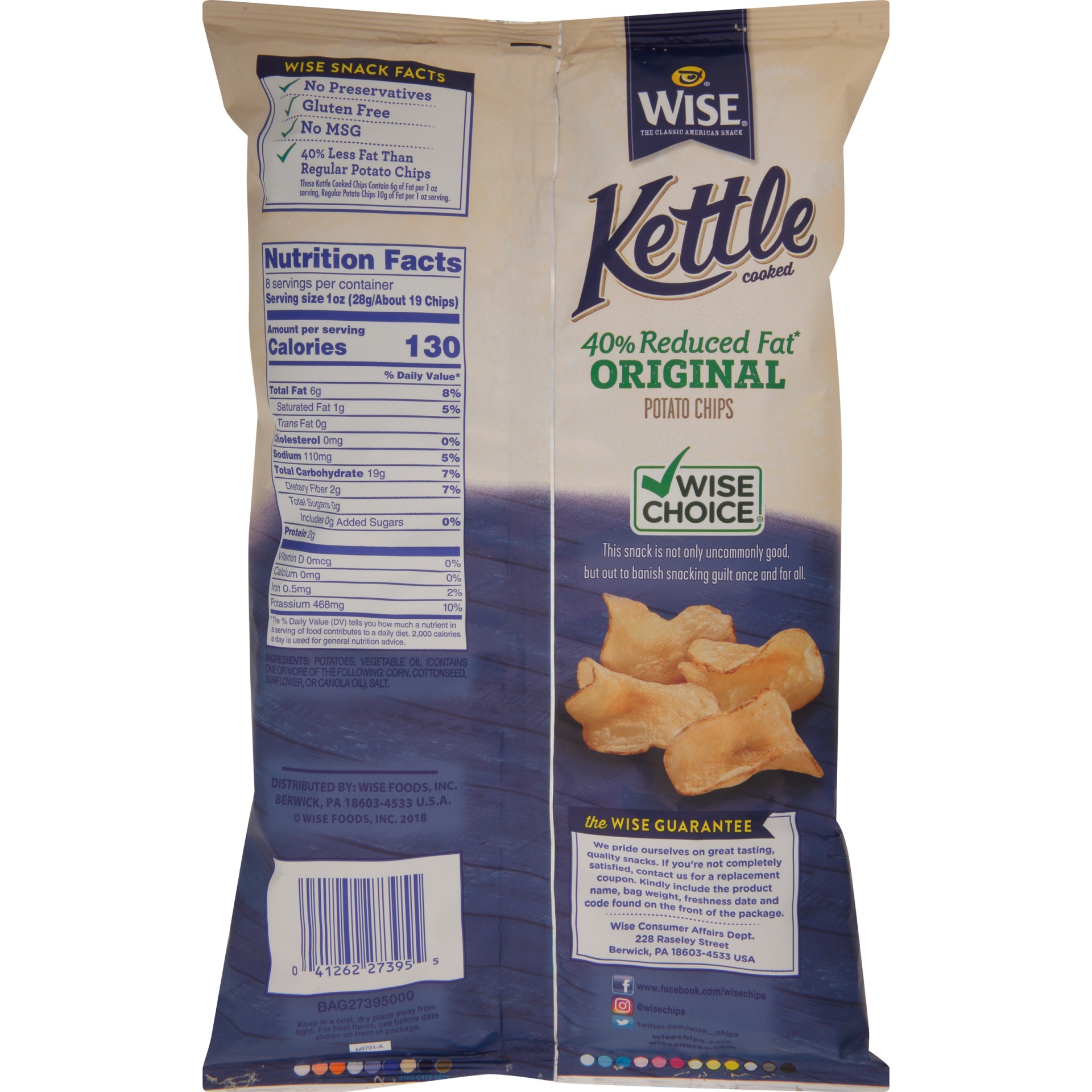 slide 3 of 6, Wise Kettle Cooked 40% Reduced Fat Original Potato Chips, 8 oz