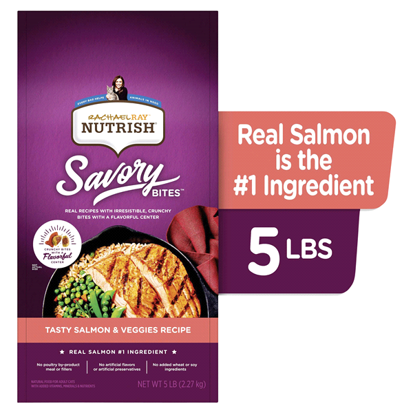 slide 1 of 1, Rachael Ray Nutrish Savory Bites Dry Cat Food, Tasty Salmon & Veggies Recipe, 5 lb Bag, 5 lb