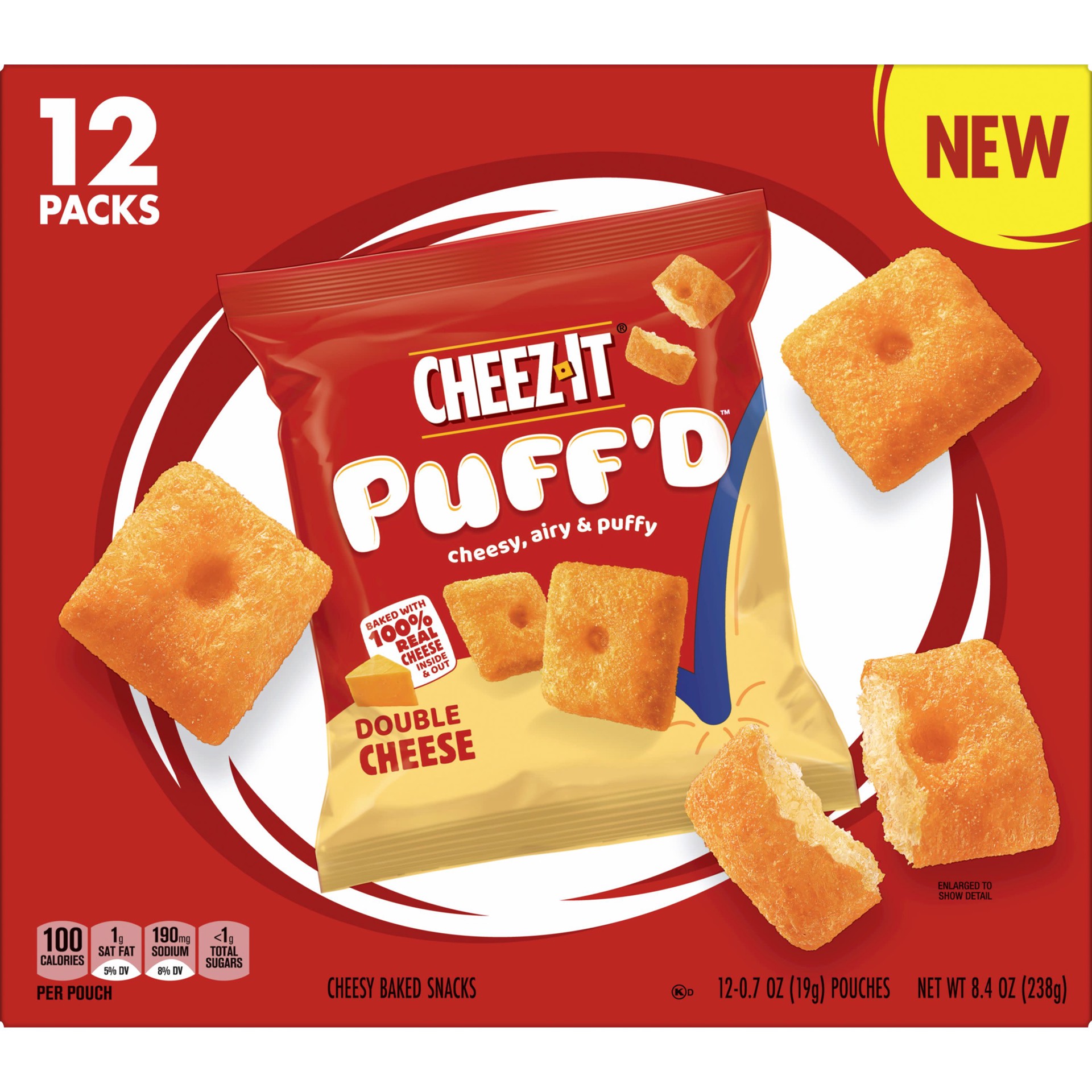 slide 3 of 5, Cheez-It Puff'd Cheesy Baked Snacks, Puffed Snack Crackers, Kids Snacks, Grab N' Go, Double Cheese, 8.4oz Box, 12 Pouches, 8.4 oz