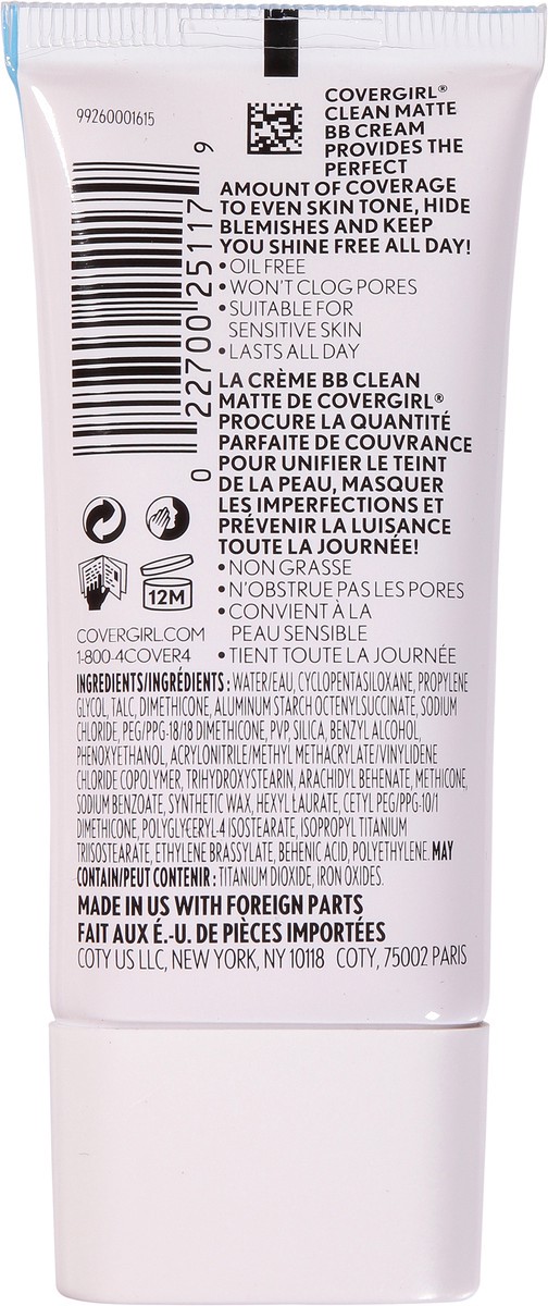 slide 2 of 12, Covergirl Clean Matte Fair 510 BB Cream for Oily Skin 30 ml Tube, 30 ml