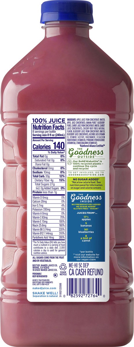 slide 6 of 10, Naked No Sugar Added, Non GMO Blue Machine Fruit Juice, 64 Fl Oz, Bottle, 64 fl oz