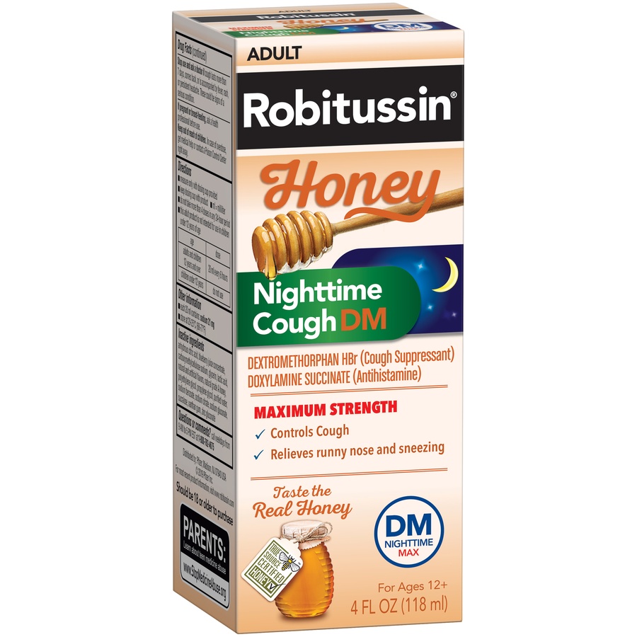 slide 2 of 6, Robitussin Maximum Strength Honey Nighttime Cough DM, Cough Medicine for Adults Made with Real Honey for Flavor- 4 Fl Oz Bottle, 4 fl oz