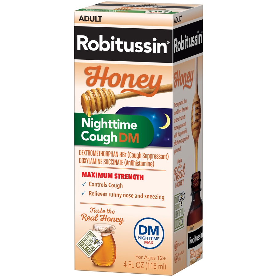 slide 3 of 6, Robitussin Maximum Strength Honey Nighttime Cough DM, Cough Medicine for Adults Made with Real Honey for Flavor- 4 Fl Oz Bottle, 4 fl oz