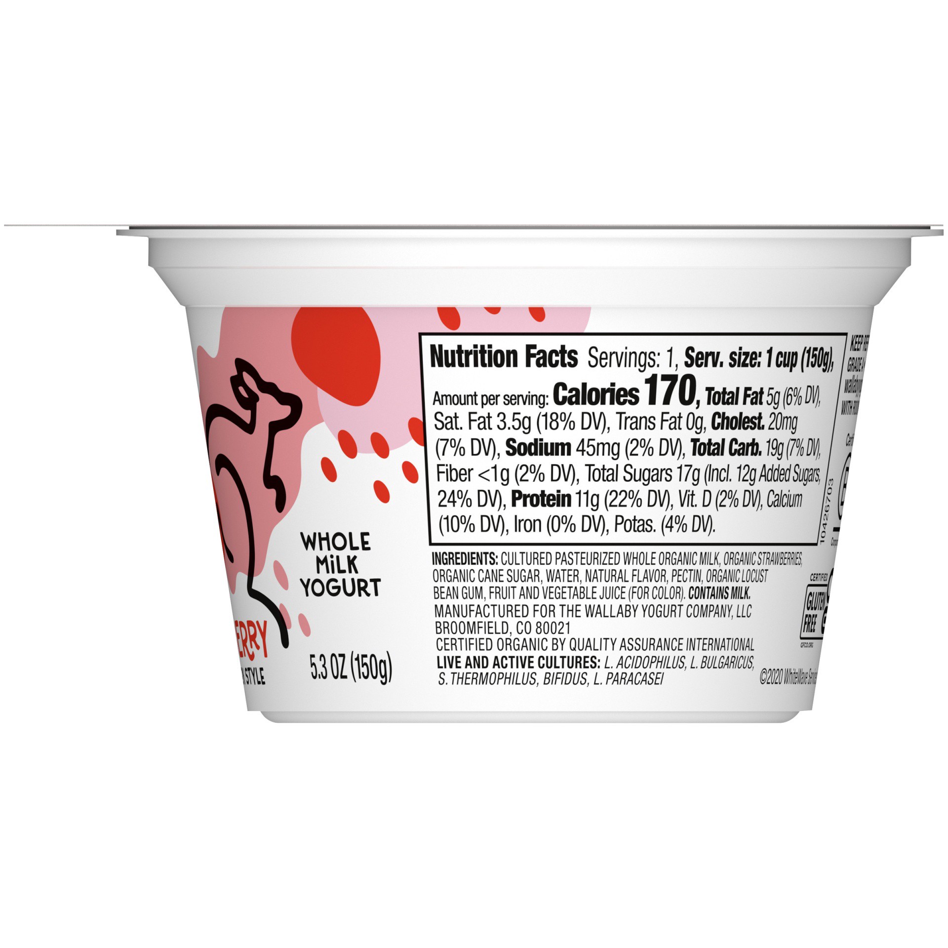 slide 2 of 7, Wallaby Organic Greek Blended Strawberry Whole Milk Yogurt, 5.3 oz