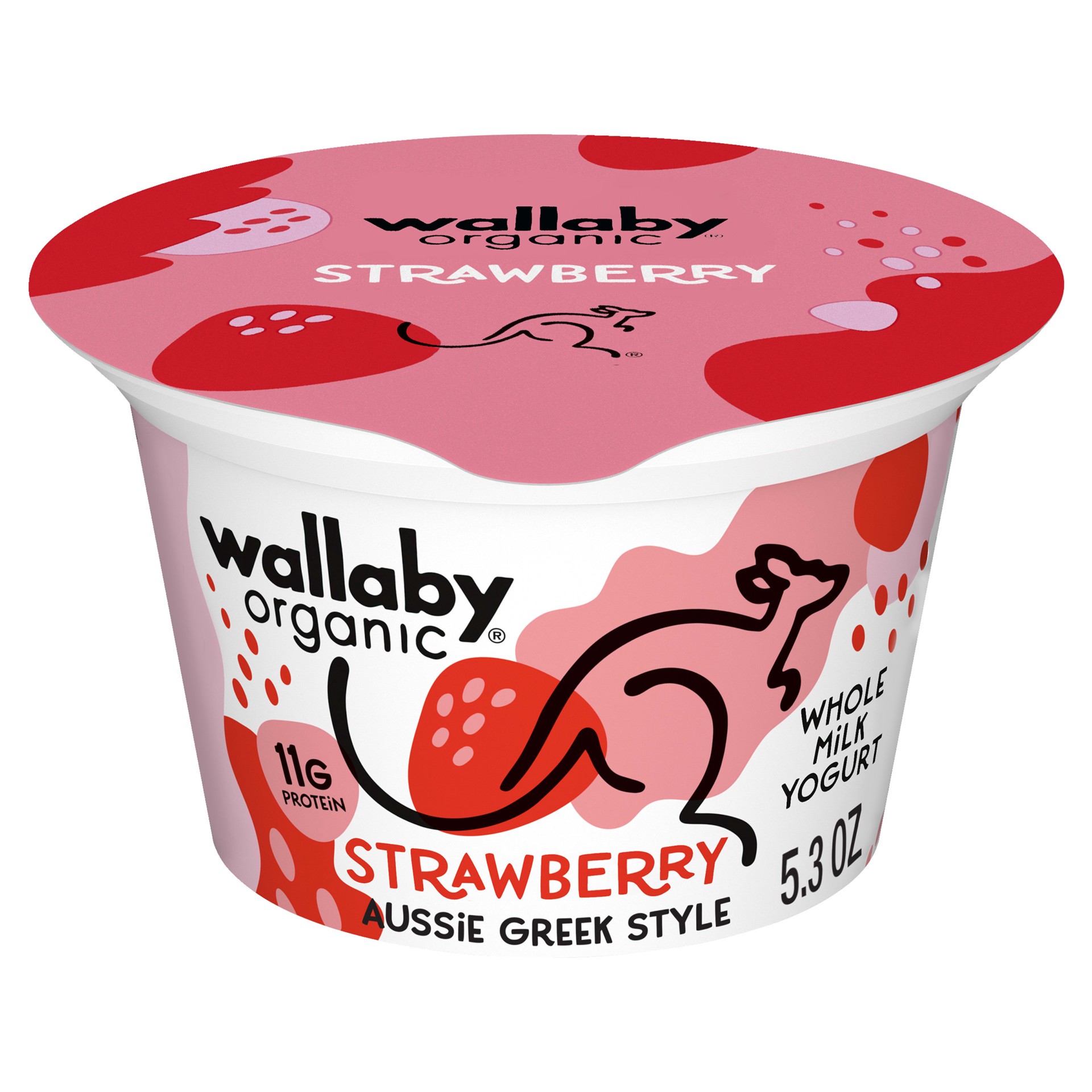 slide 1 of 7, Wallaby Organic Greek Blended Strawberry Whole Milk Yogurt, 5.3 oz