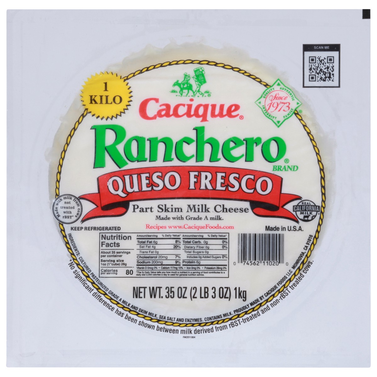 slide 1 of 12, Cacique Ranchero Part Skim Milk Queso Fresco Cheese 35 oz, 35 oz