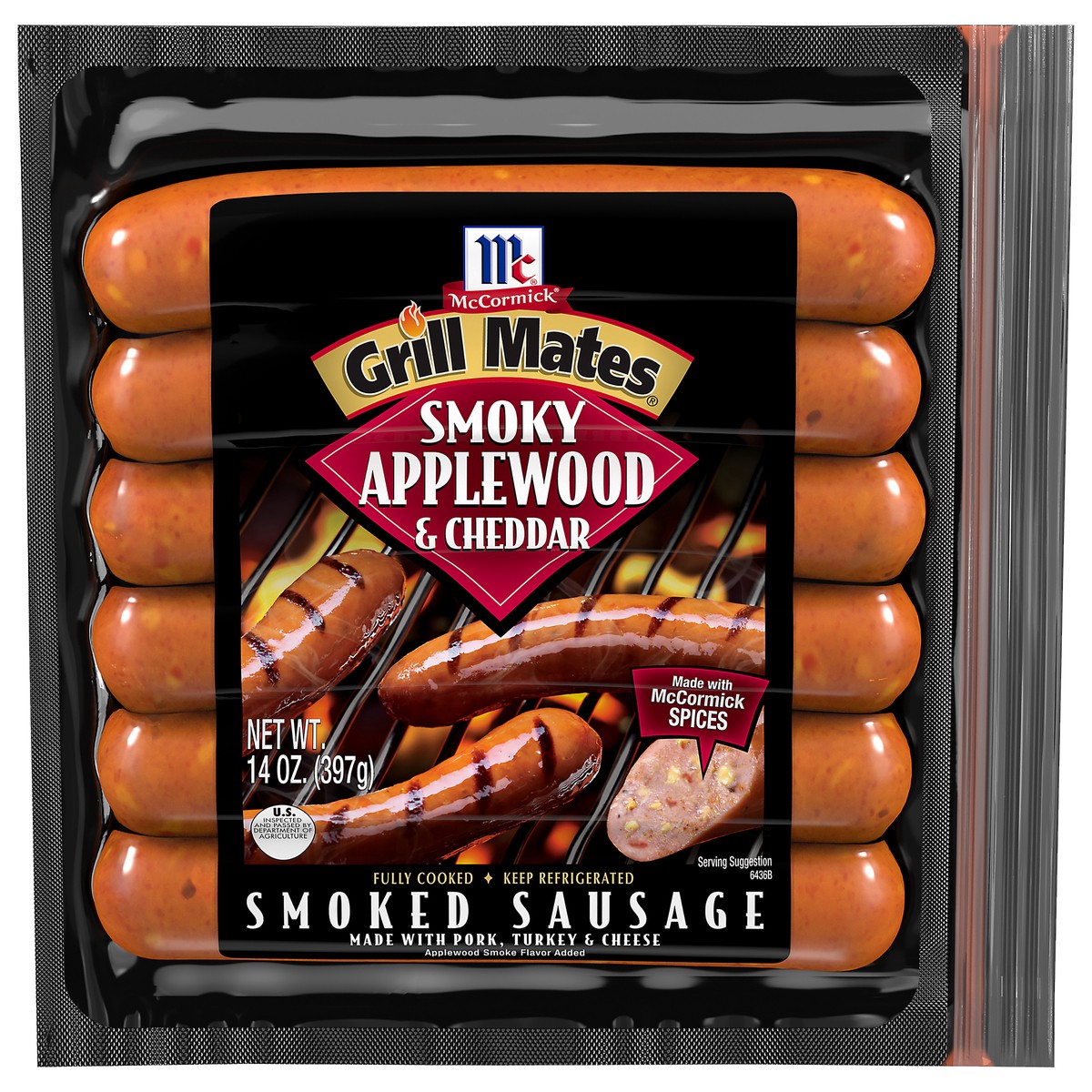 slide 1 of 10, McCormick Grill Mates Sausage, Smoked, Smoky Applewood & Cheddar, 14 oz