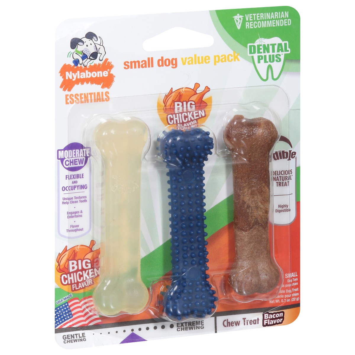 slide 4 of 9, Nylabone Essentials Value Pack Small Dog Big Chicken Flavor, Bacon Flavor Dog Toy Value Pack 0.7 oz, 0.7 oz