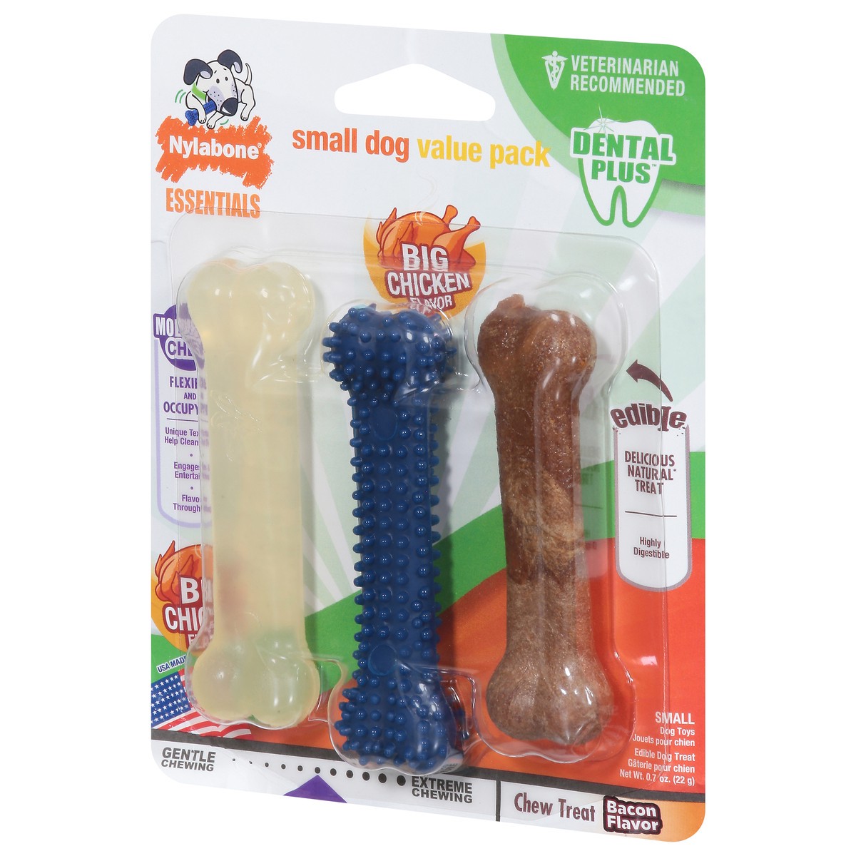 slide 2 of 9, Nylabone Essentials Value Pack Small Dog Big Chicken Flavor, Bacon Flavor Dog Toy Value Pack 0.7 oz, 0.7 oz